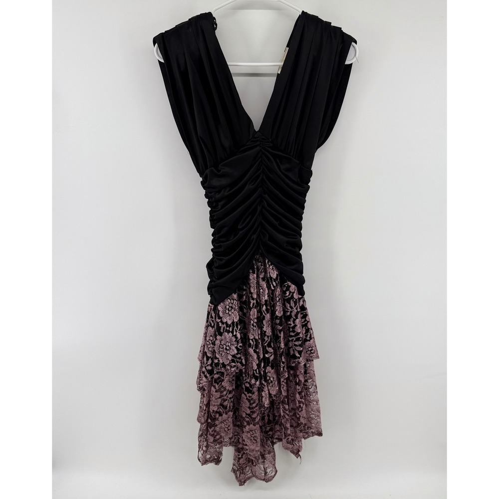 Vintage 80s SENECA Prom Dress Gothic Black Ruched Liquid‎ Satin Pink Lace 3/4